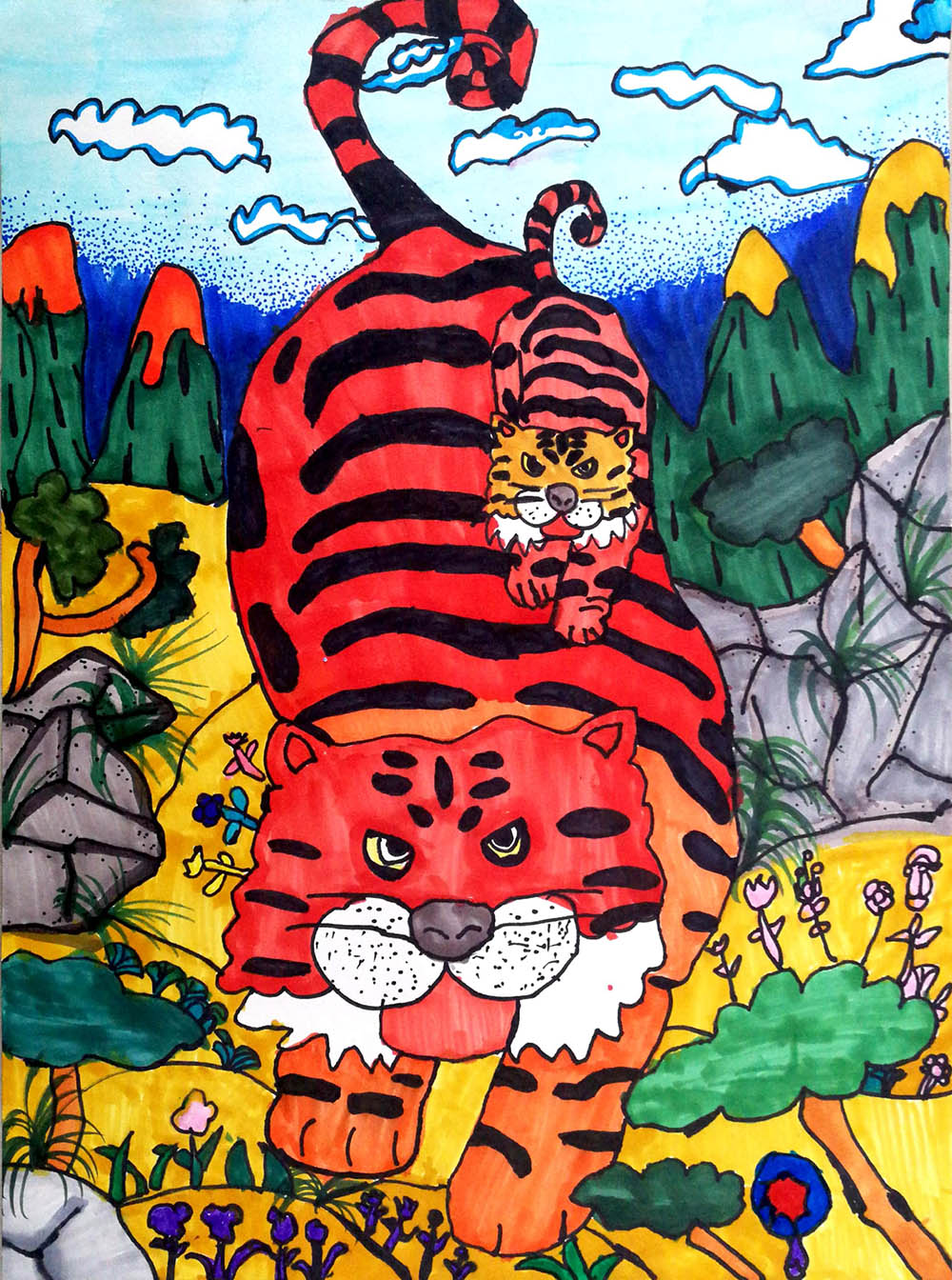 两只老虎童谣童画作品图片